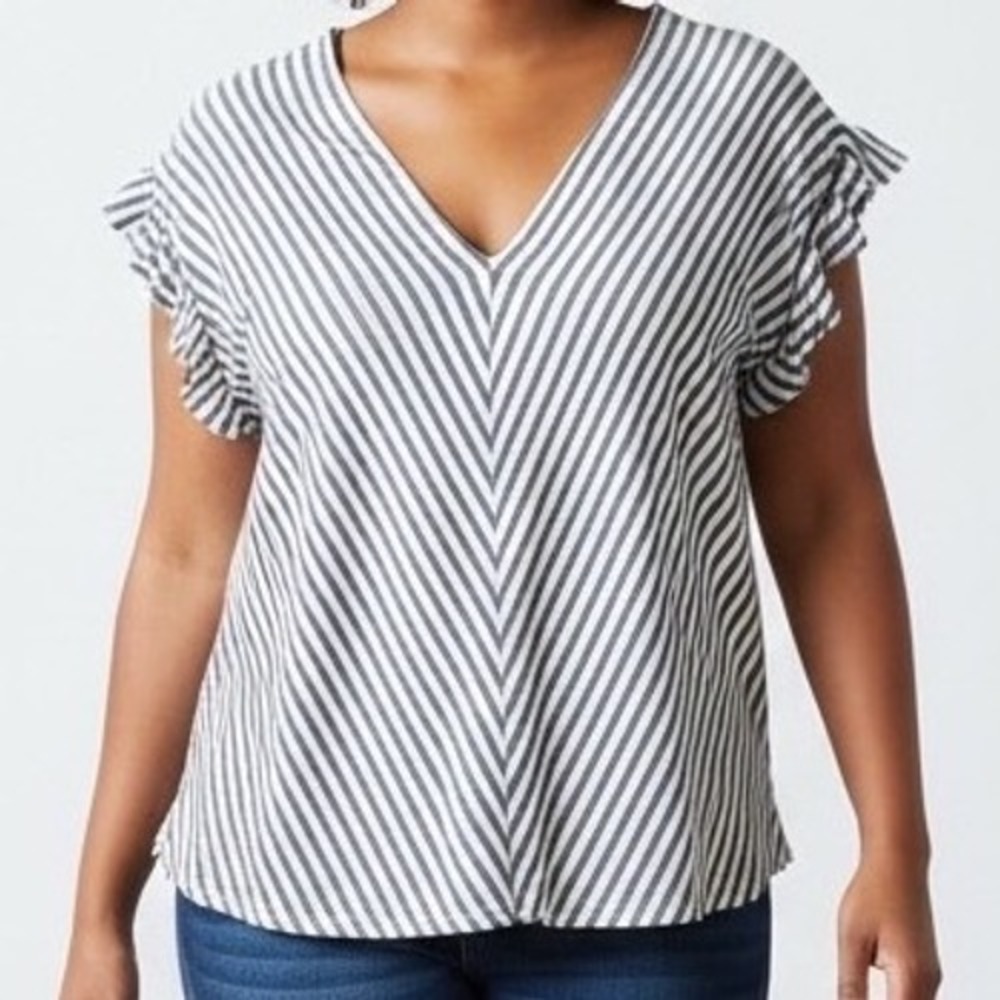 Max Studio top 2x Blue White Striped Ruffle V-Neck Top Plus nautical‎ preppy